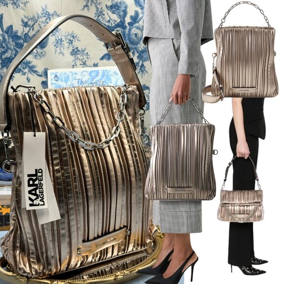 🆕 KARL LAGERFELD PARIS 🧿 NWT K/Kushion Folded Tote, Champagne Muted Metallic - Picture 1 of 16